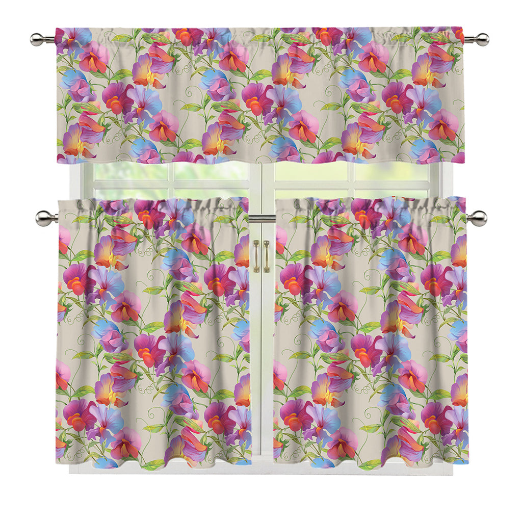 Sweet Pea Flower Pattern Print 3 Piece Kitchen Curtains