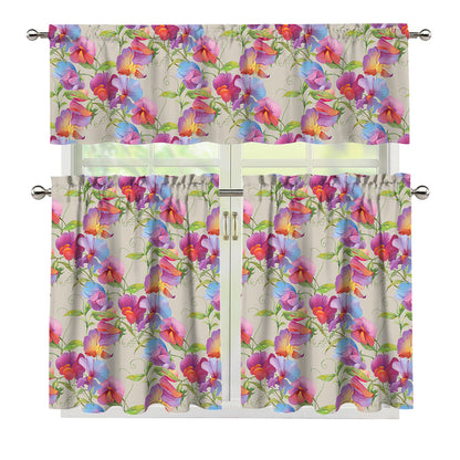 Sweet Pea Flower Pattern Print 3 Piece Kitchen Curtains