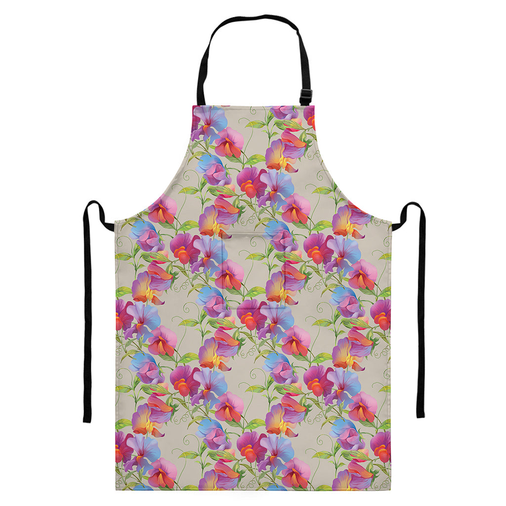Sweet Pea Flower Pattern Print Bib Apron With Pocket