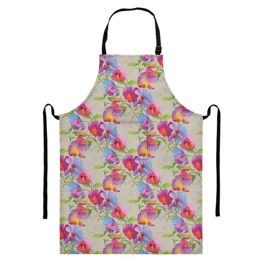 Sweet Pea Flower Pattern Print Bib Apron With Pocket