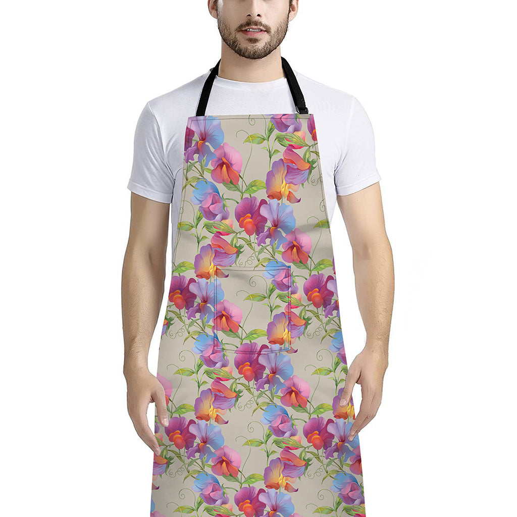 Sweet Pea Flower Pattern Print Bib Apron With Pocket