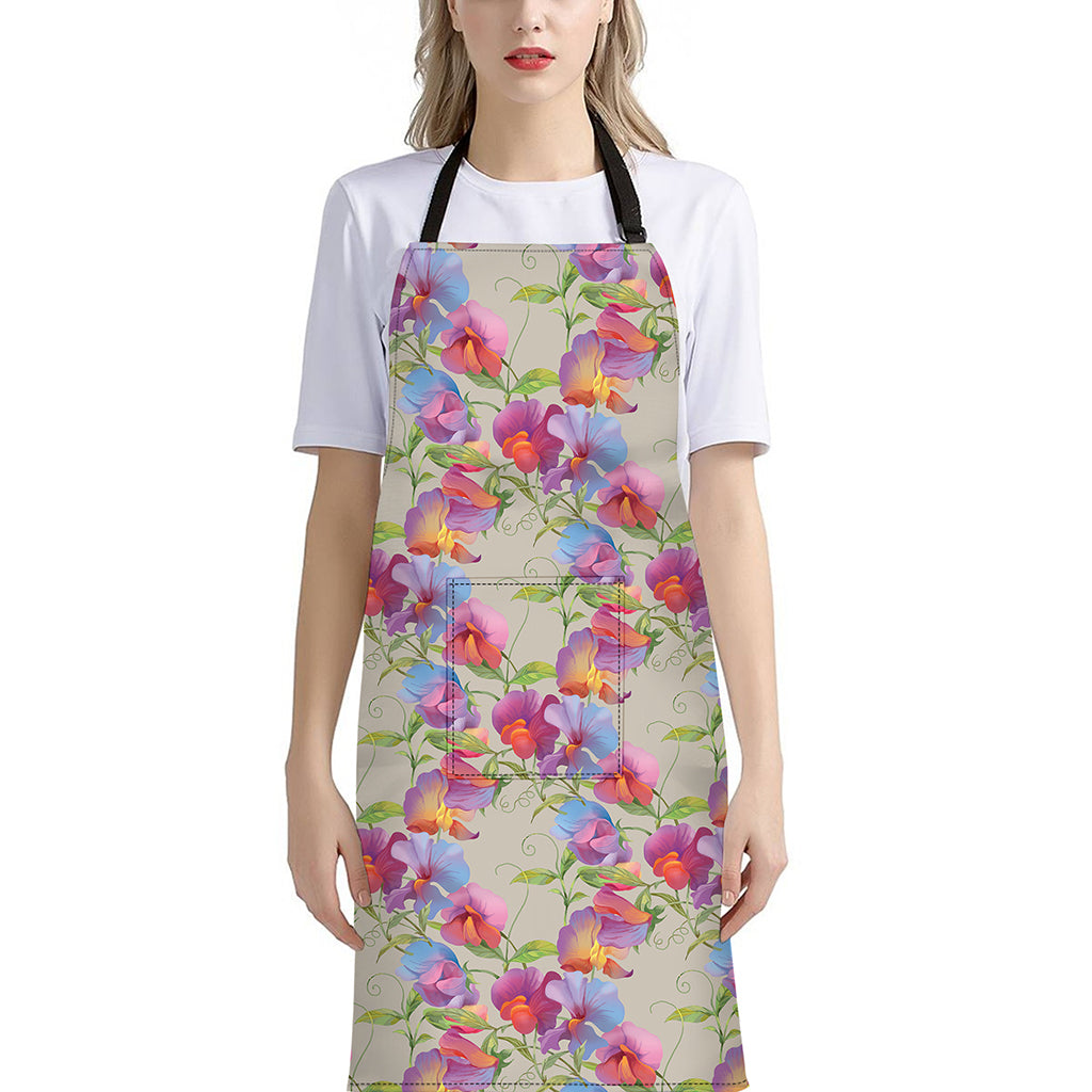 Sweet Pea Flower Pattern Print Bib Apron With Pocket