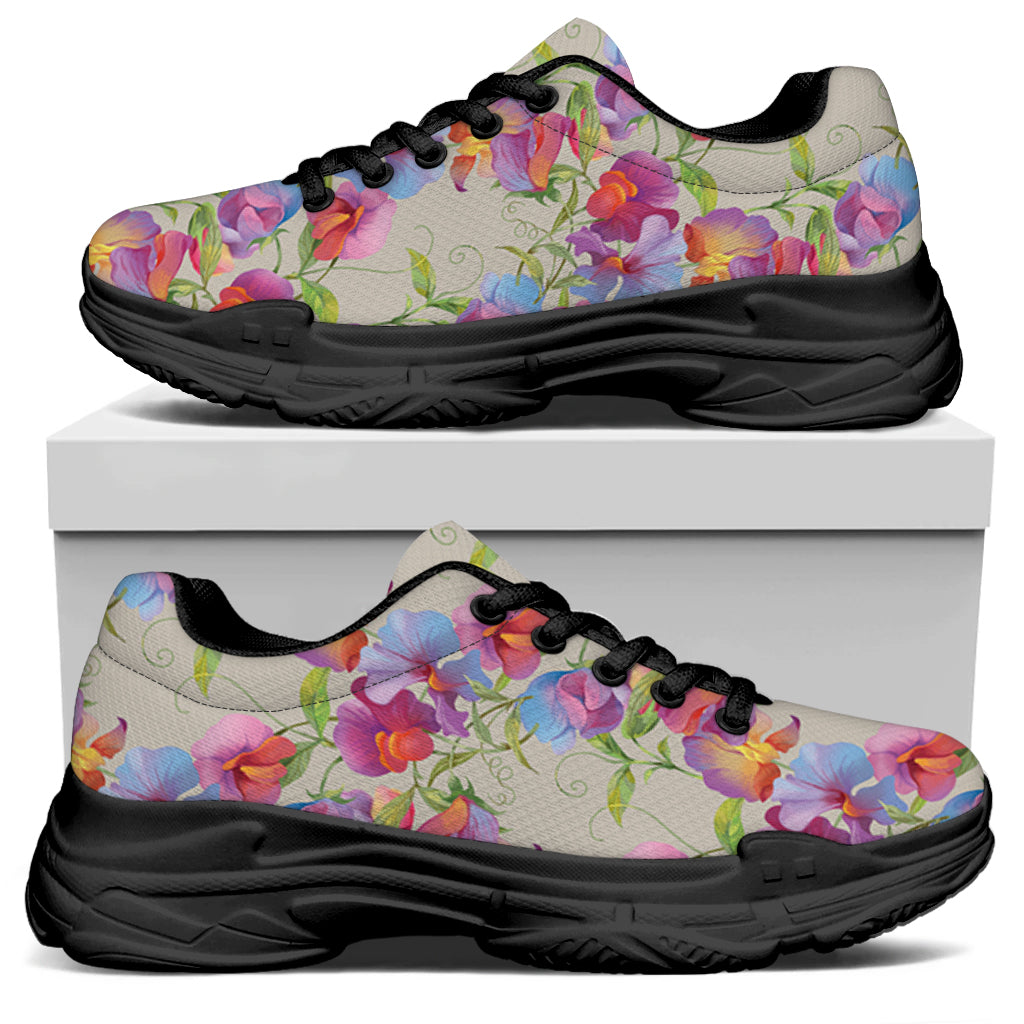 Sweet Pea Flower Pattern Print Black Chunky Shoes