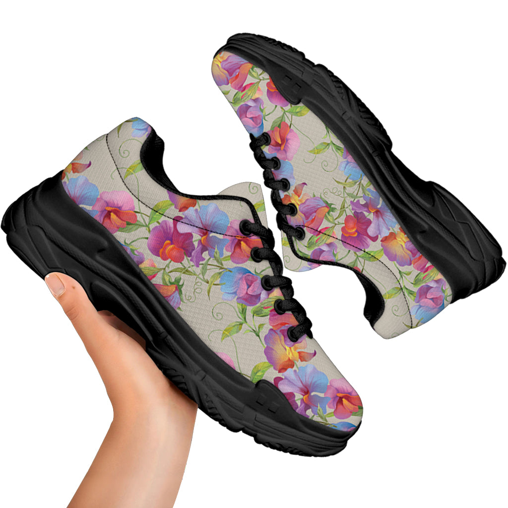 Sweet Pea Flower Pattern Print Black Chunky Shoes