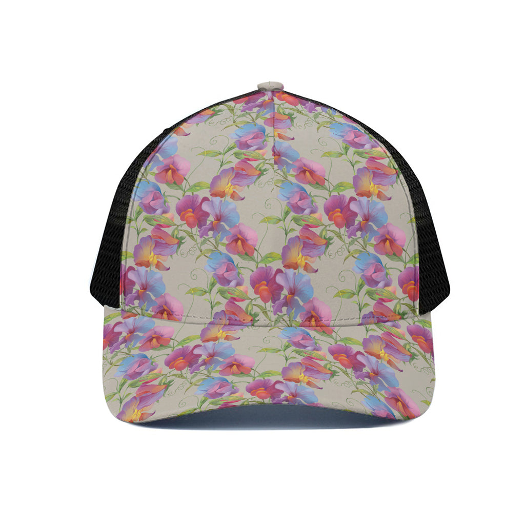 Sweet Pea Flower Pattern Print Black Mesh Trucker Cap