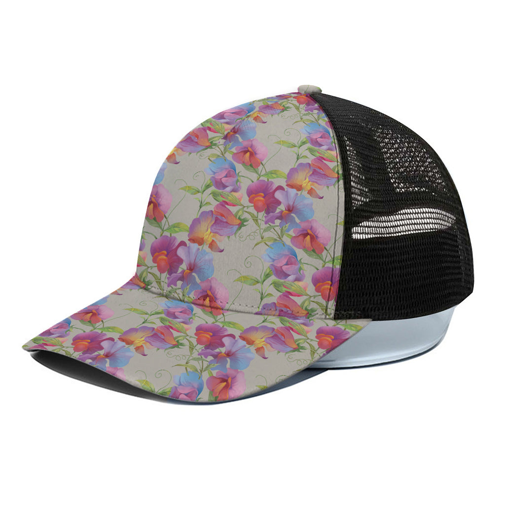 Sweet Pea Flower Pattern Print Black Mesh Trucker Cap