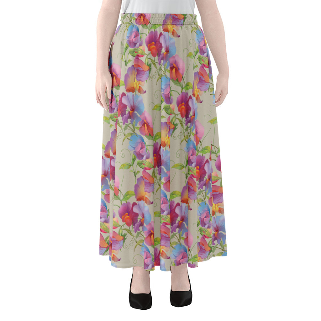 Sweet Pea Flower Pattern Print Chiffon Maxi Skirt