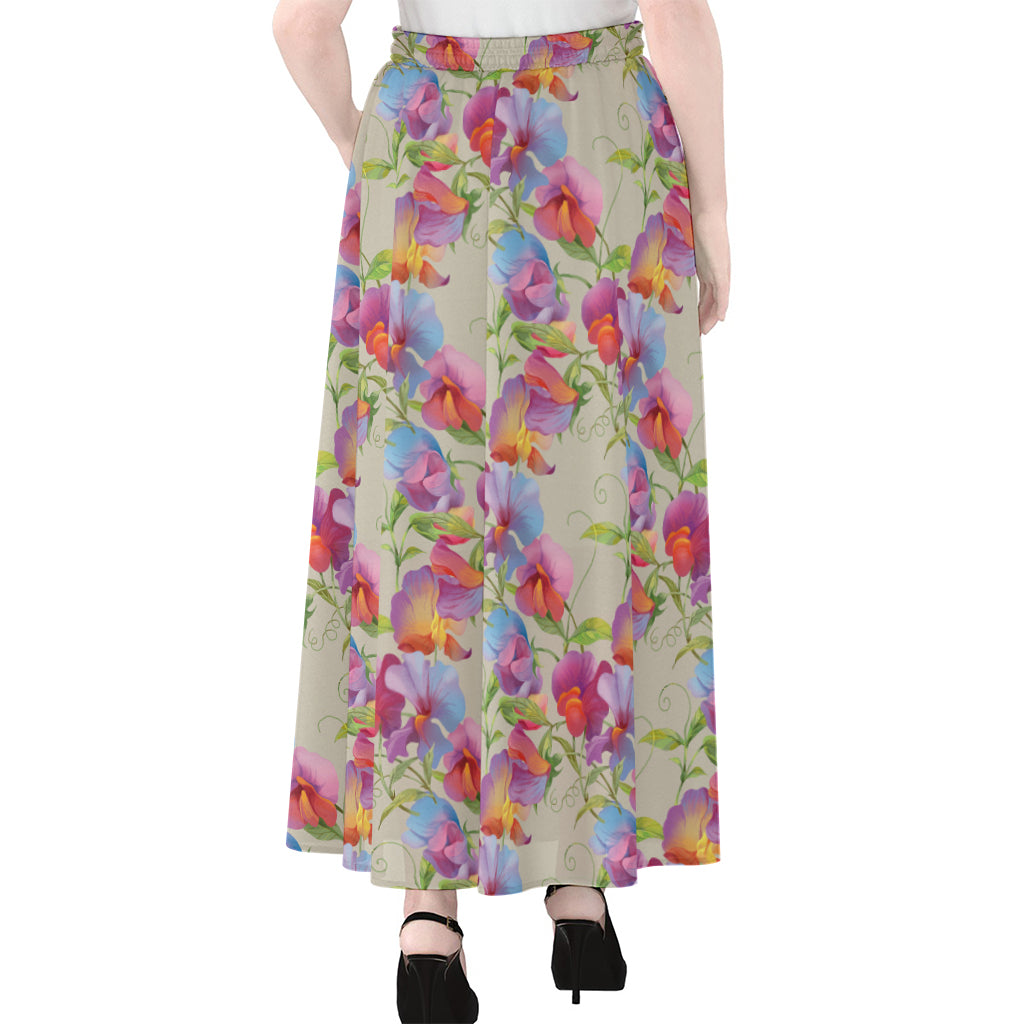Sweet Pea Flower Pattern Print Chiffon Maxi Skirt