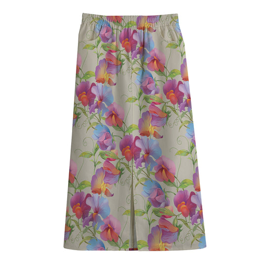 Sweet Pea Flower Pattern Print Cotton Front Slit Maxi Skirt