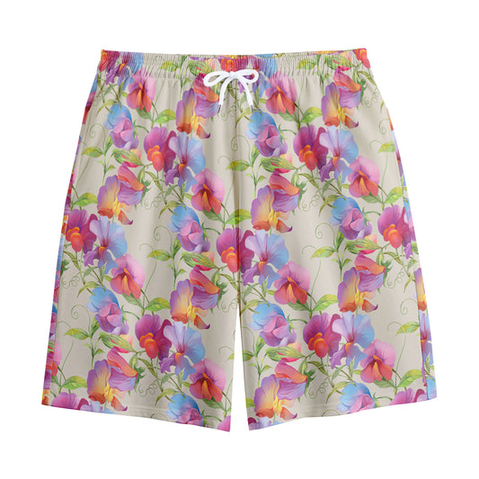 Sweet Pea Flower Pattern Print Cotton Shorts