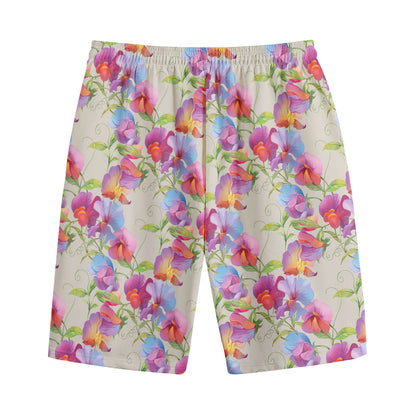 Sweet Pea Flower Pattern Print Cotton Shorts