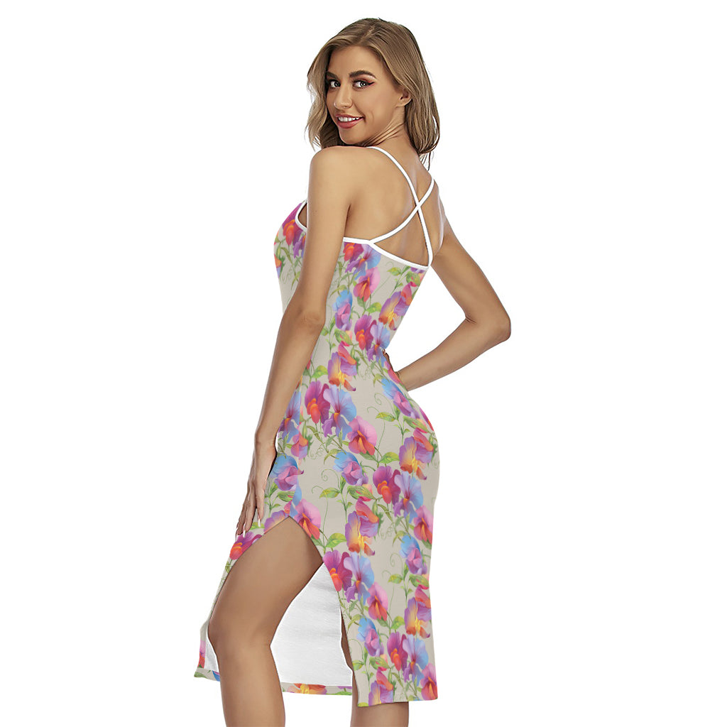 Sweet Pea Flower Pattern Print Cross Back Cami Dress