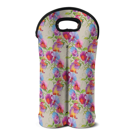 Sweet Pea Flower Pattern Print Double Neoprene Wine Tote