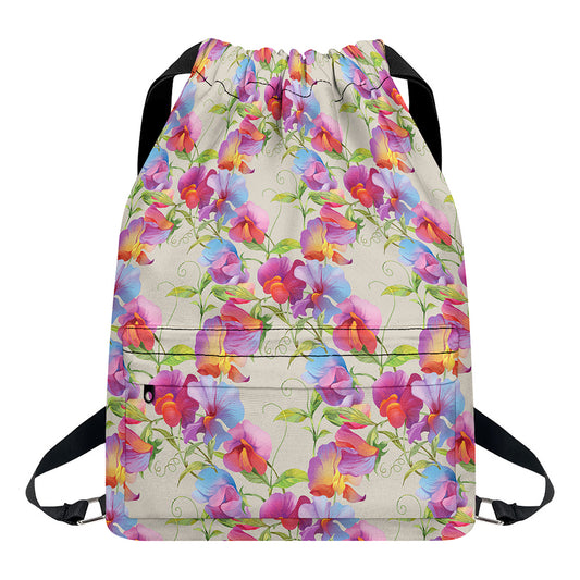 Sweet Pea Flower Pattern Print Drawstring Backpack