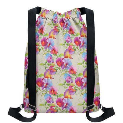 Sweet Pea Flower Pattern Print Drawstring Backpack