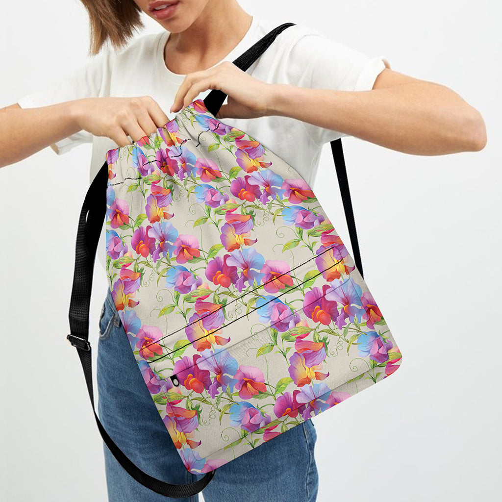 Sweet Pea Flower Pattern Print Drawstring Backpack