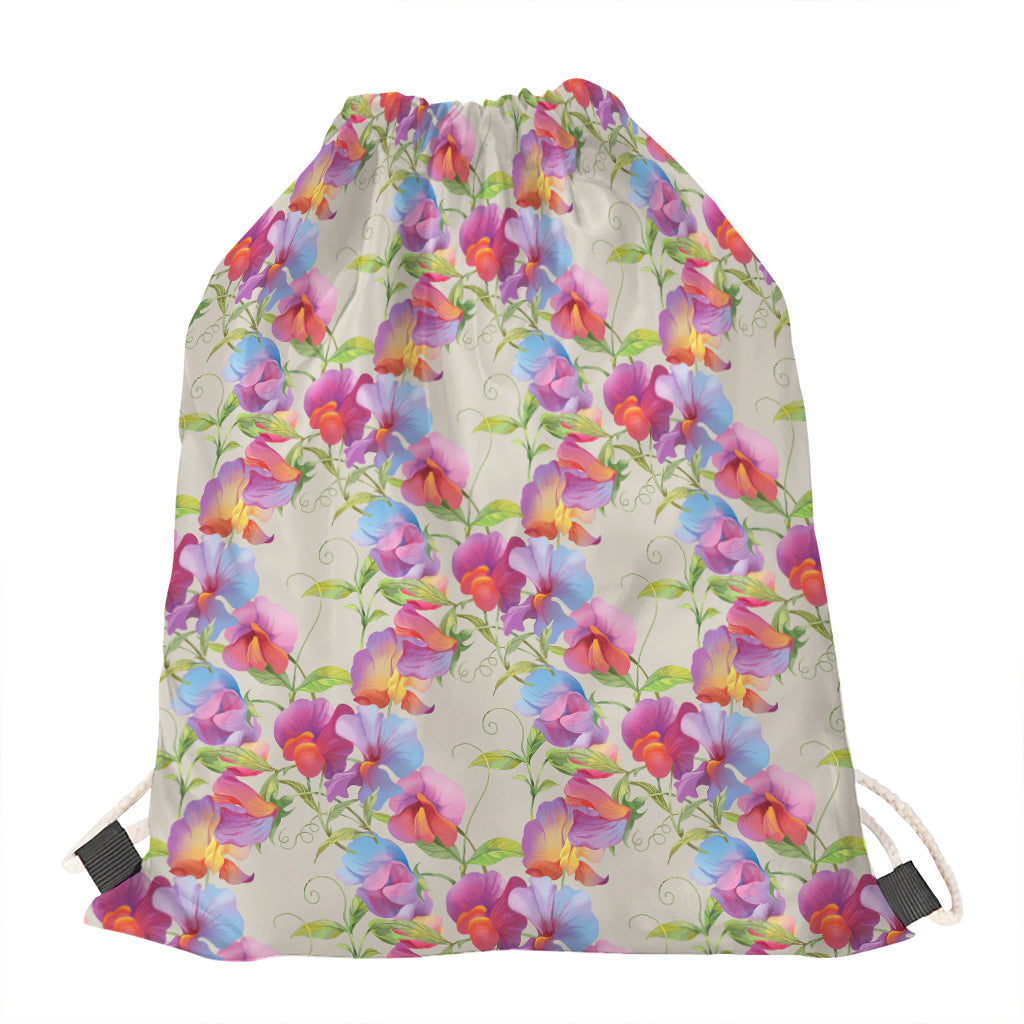 Sweet Pea Flower Pattern Print Drawstring Bag
