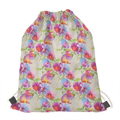 Sweet Pea Flower Pattern Print Drawstring Bag