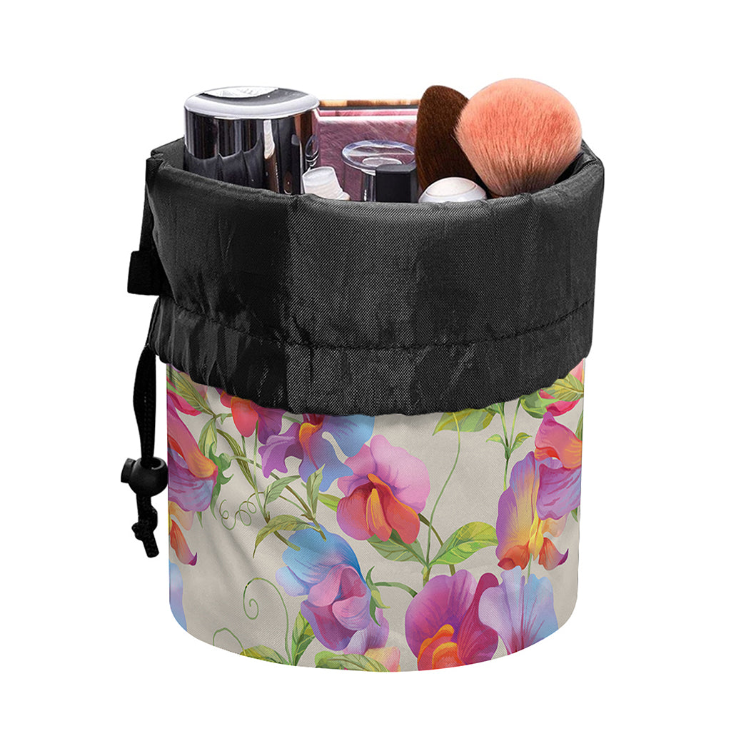 Sweet Pea Flower Pattern Print Drawstring Makeup Bag