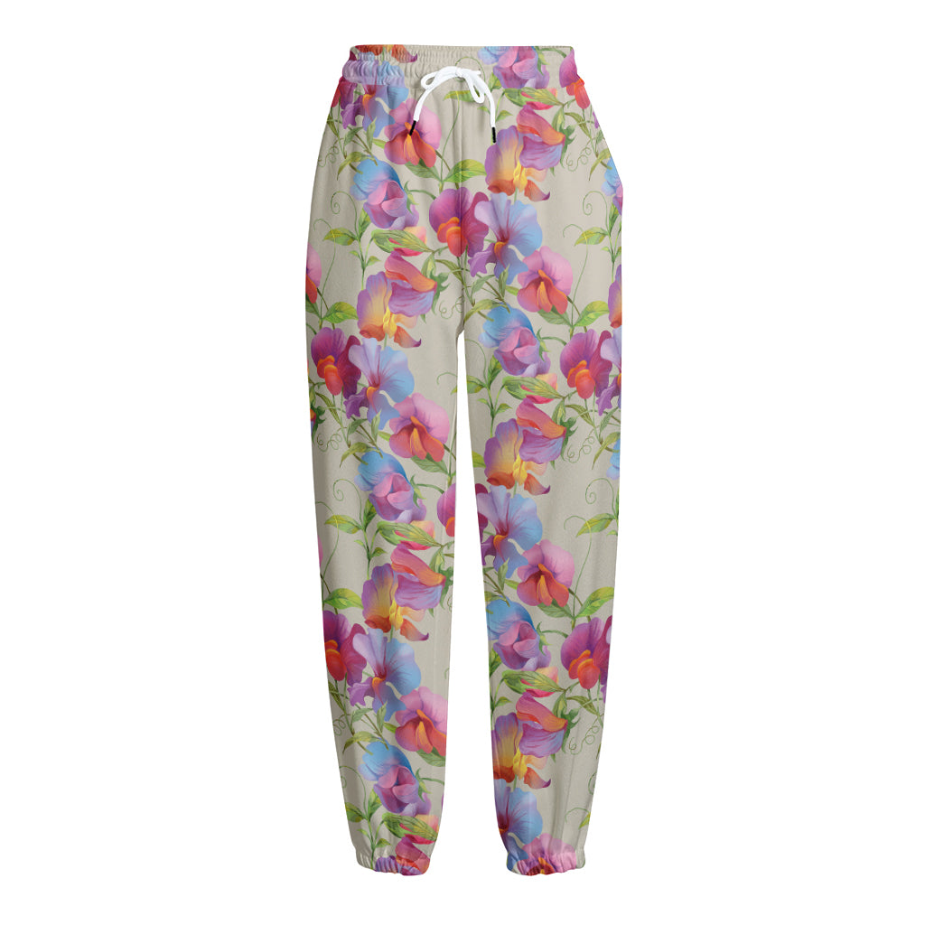 Sweet Pea Flower Pattern Print Fleece Lined Knit Pants
