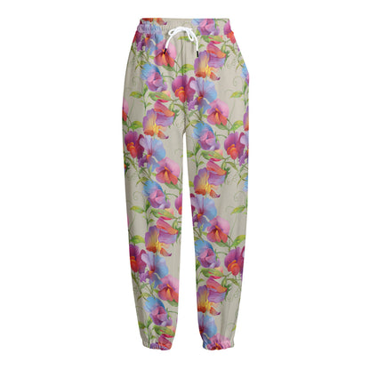 Sweet Pea Flower Pattern Print Fleece Lined Knit Pants