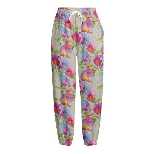 Sweet Pea Flower Pattern Print Fleece Lined Knit Pants
