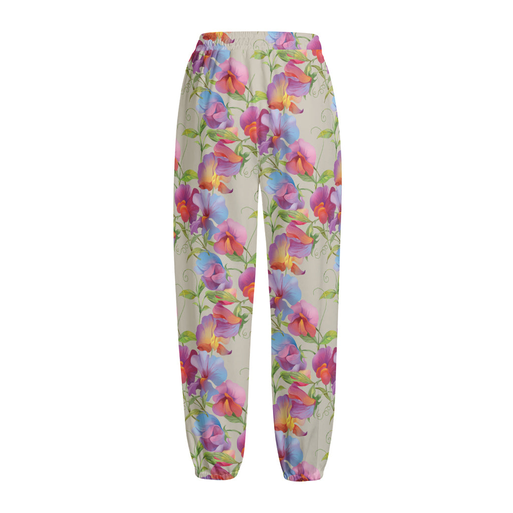 Sweet Pea Flower Pattern Print Fleece Lined Knit Pants