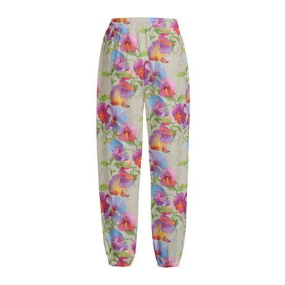 Sweet Pea Flower Pattern Print Fleece Lined Knit Pants