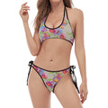 Sweet Pea Flower Pattern Print Halter Scoop Tie Side Bikini
