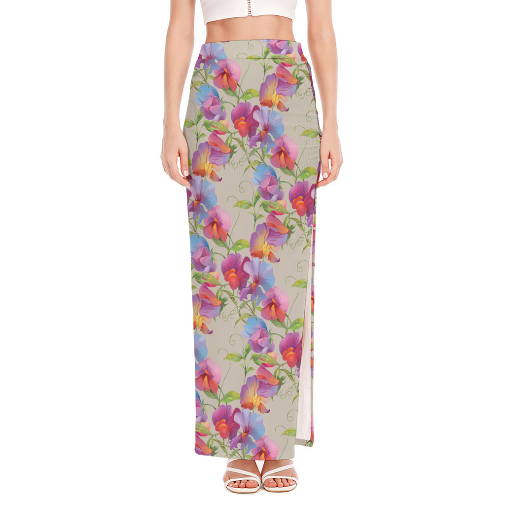 Sweet Pea Flower Pattern Print High Slit Maxi Skirt