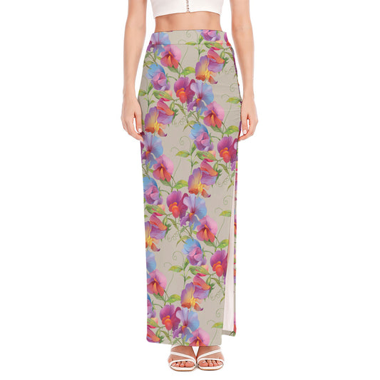 Sweet Pea Flower Pattern Print High Slit Maxi Skirt