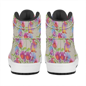 Sweet Pea Flower Pattern Print High Top Leather Sneakers