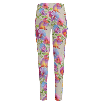 Sweet Pea Flower Pattern Print High-Waisted Pocket Leggings