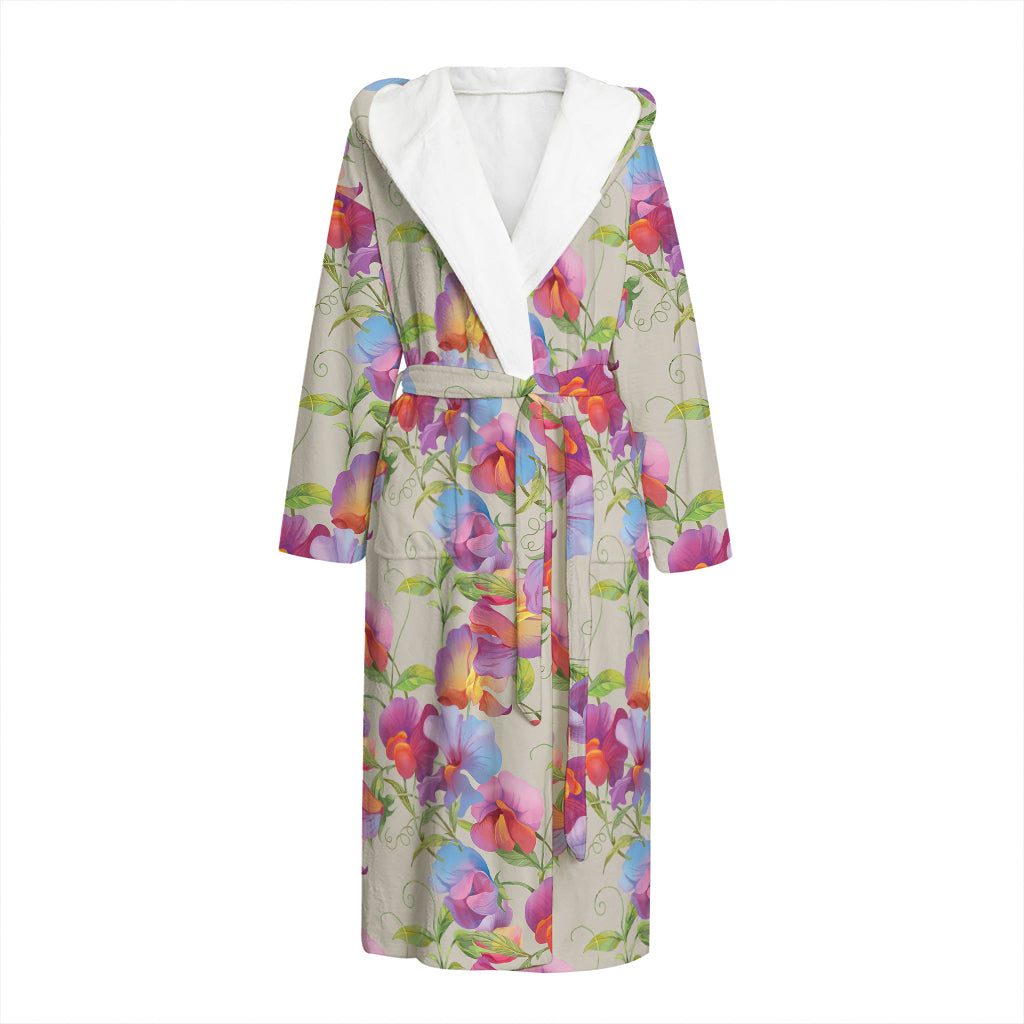 Sweet Pea Flower Pattern Print Hooded Bathrobe