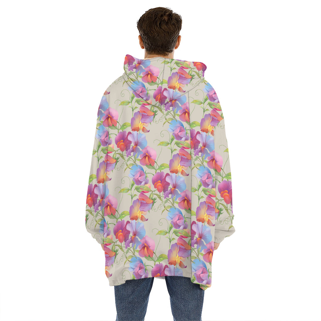 Sweet Pea Flower Pattern Print Hoodie Blanket