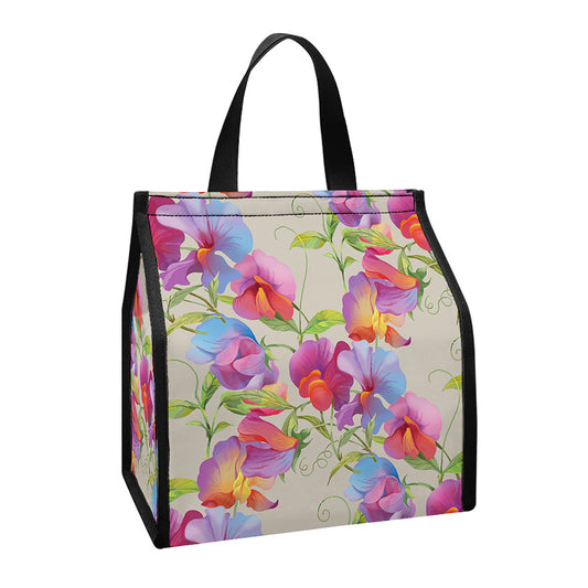 Sweet Pea Flower Pattern Print Insulated Lunch Tote
