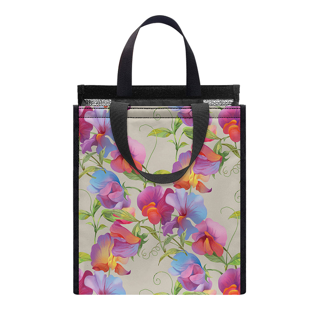 Sweet Pea Flower Pattern Print Insulated Lunch Tote