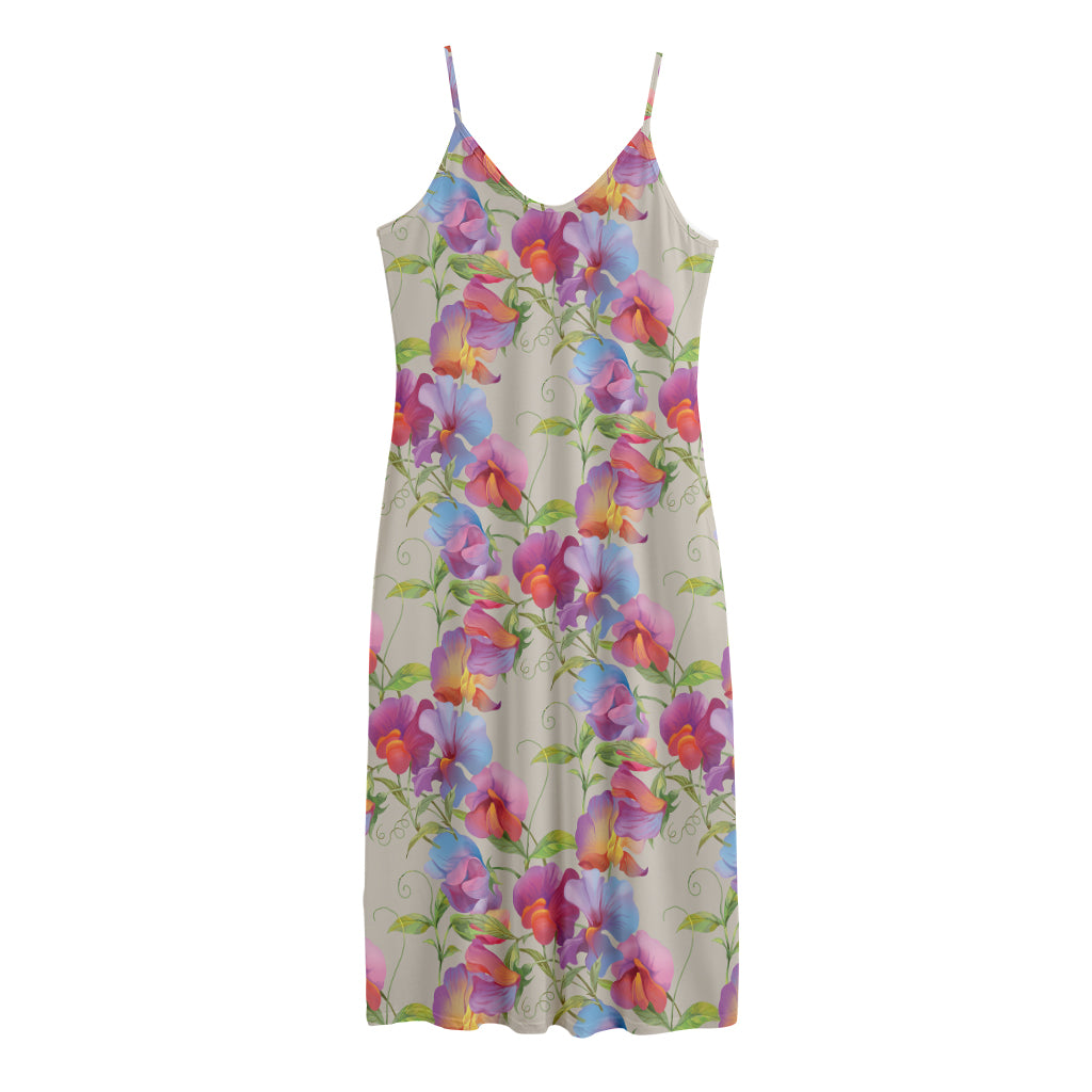 Sweet Pea Flower Pattern Print Jersey Midi Cami Dress