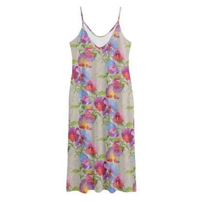 Sweet Pea Flower Pattern Print Jersey Midi Cami Dress