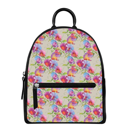 Sweet Pea Flower Pattern Print Leather Backpack