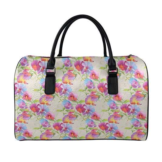 Sweet Pea Flower Pattern Print Leather Duffle Bag
