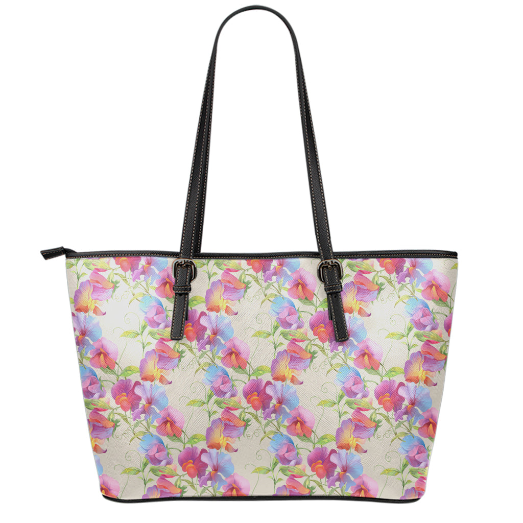 Sweet Pea Flower Pattern Print Leather Tote Bag