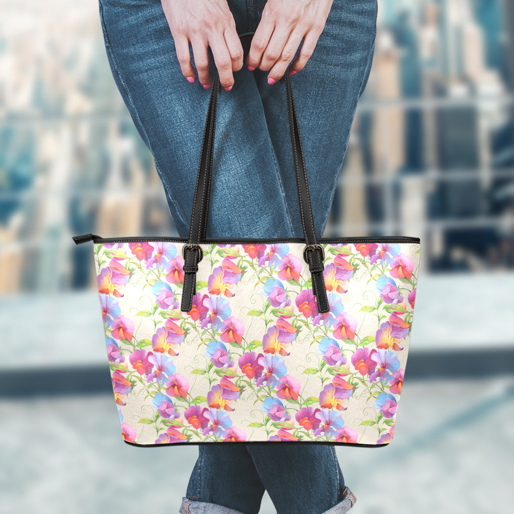 Sweet Pea Flower Pattern Print Leather Tote Bag