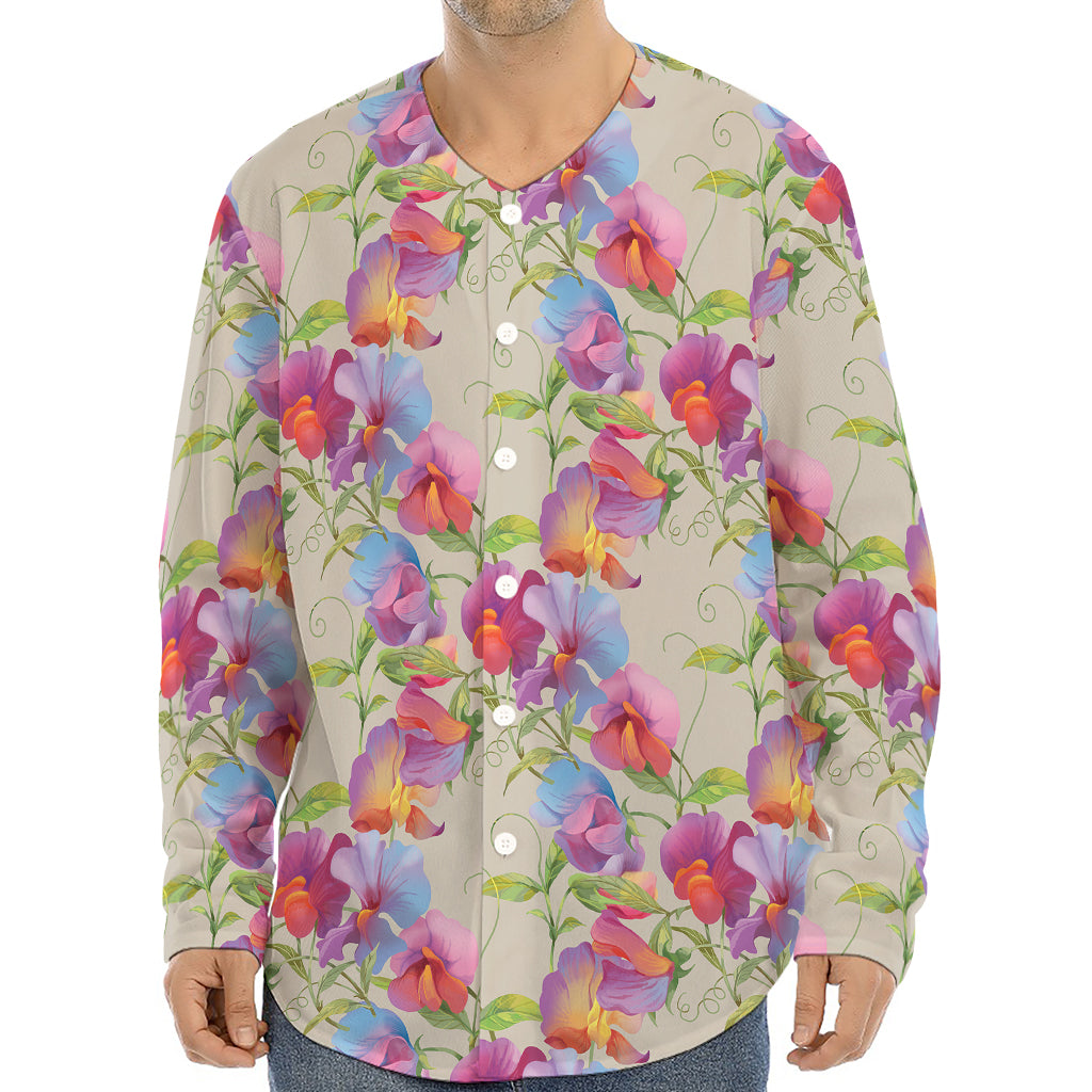 Sweet Pea Flower Pattern Print Long Sleeve Baseball Jersey