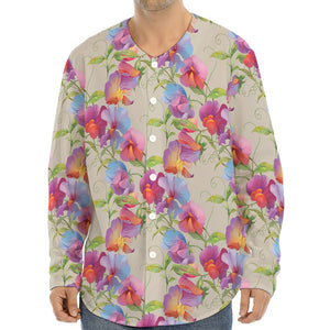 Sweet Pea Flower Pattern Print Long Sleeve Baseball Jersey