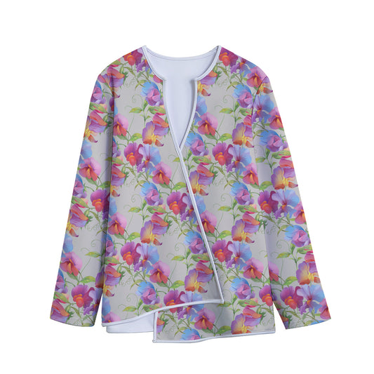 Sweet Pea Flower Pattern Print Long Sleeve Short Coat
