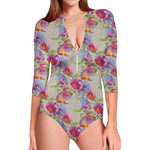 Sweet Pea Flower Pattern Print Long Sleeve Swimsuit