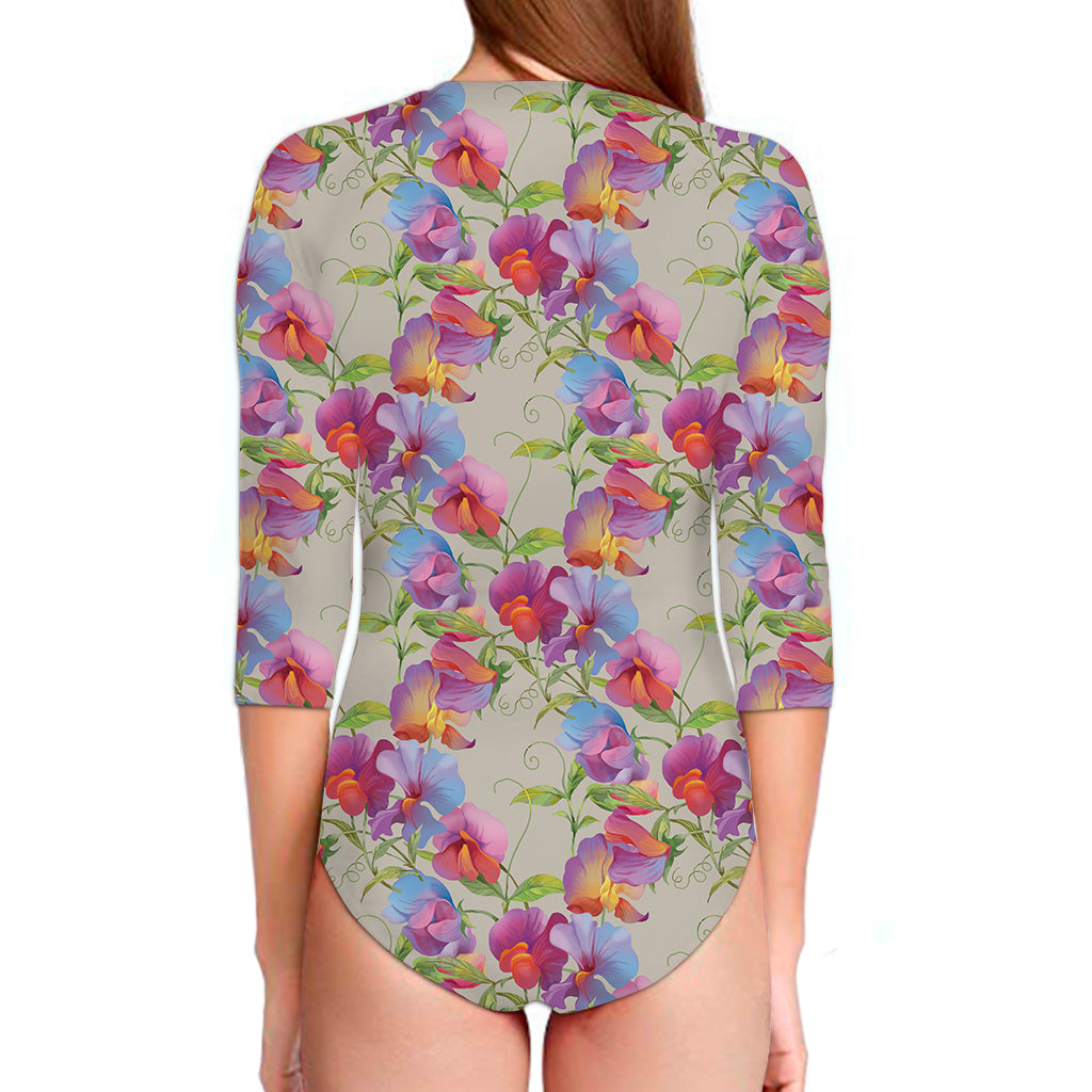 Sweet Pea Flower Pattern Print Long Sleeve Swimsuit