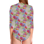 Sweet Pea Flower Pattern Print Long Sleeve Swimsuit