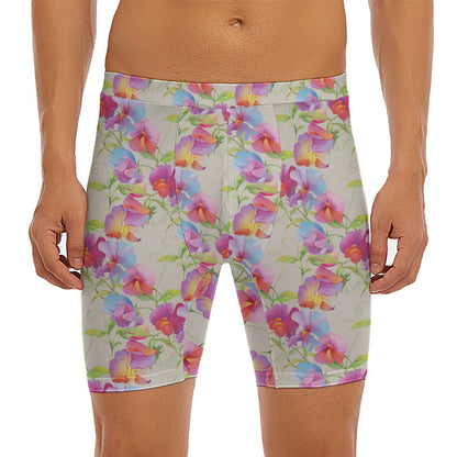 Sweet Pea Flower Pattern Print Men's Long Boxer Briefs